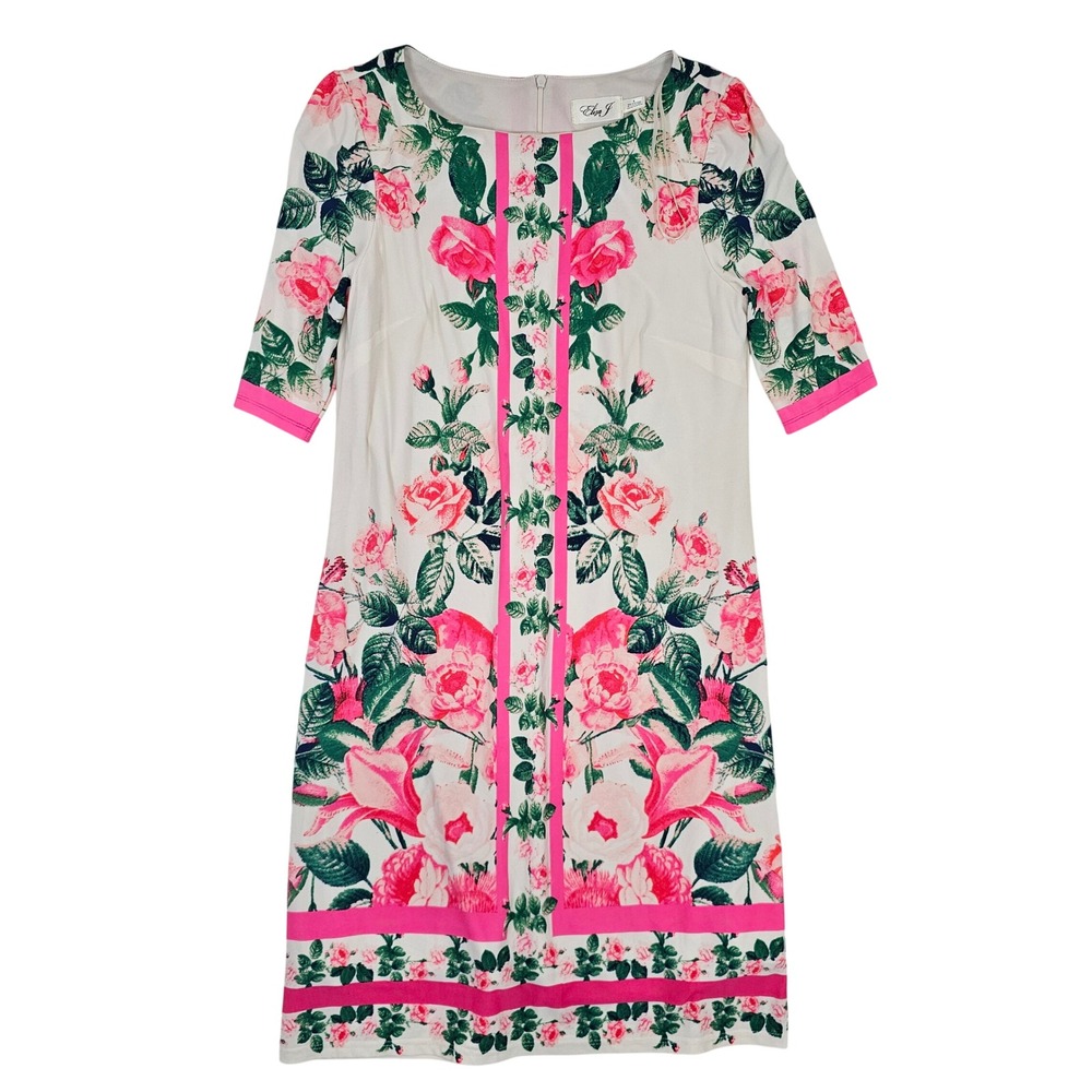 Eliza J Pink Green Floral Rose Print Stripe Shift Dress Short Sleeve Size 8